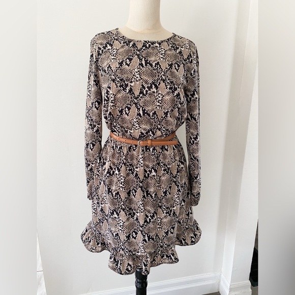 Joe Fresh Snakeskin Print Ruffle Hem Long Sleeve Dress – Size Small - Picture 2 of 13